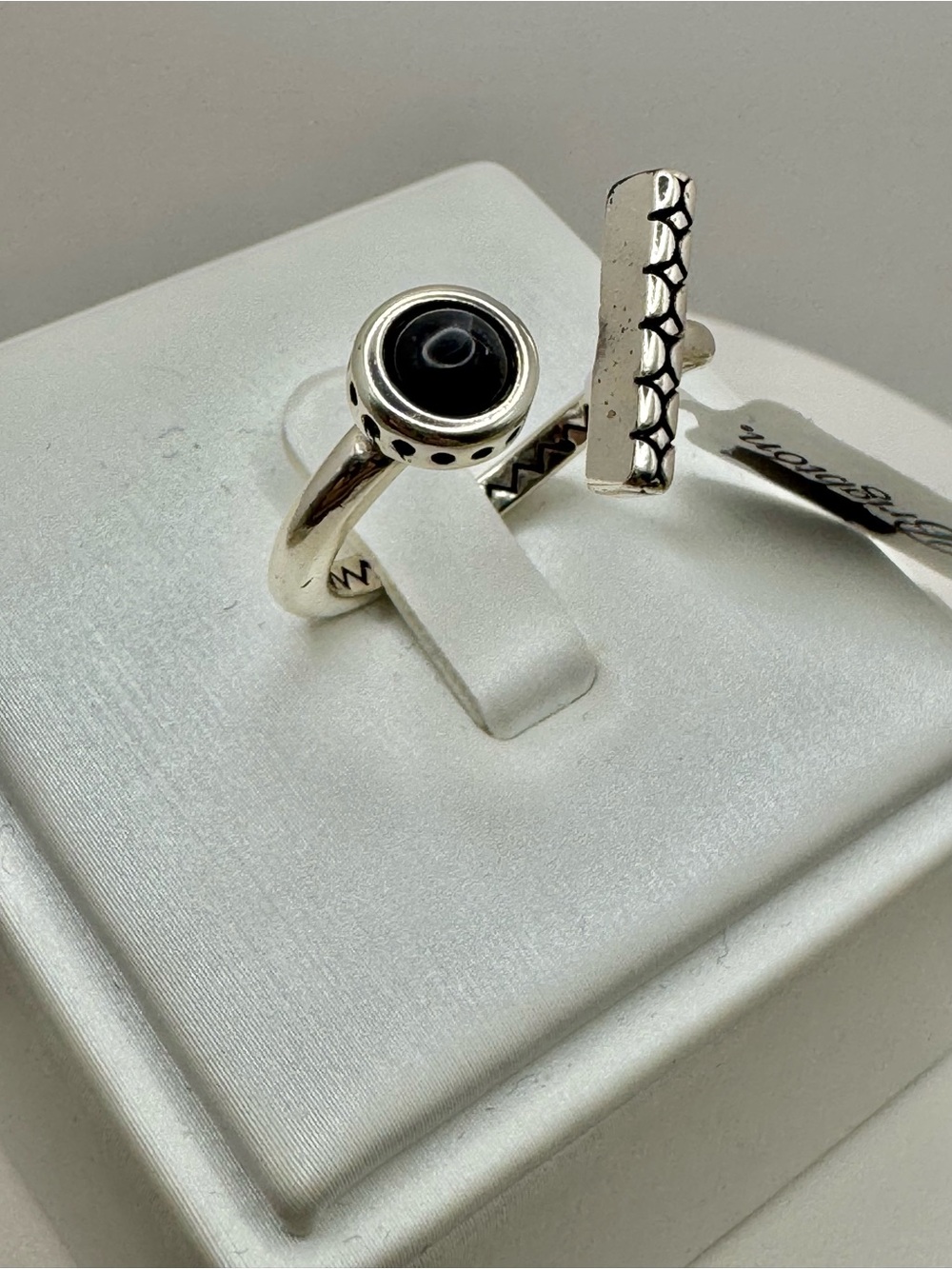 Brighton Sterling Silver Open Ring with Black Stone and Textured Bar - Picture 2 of 4